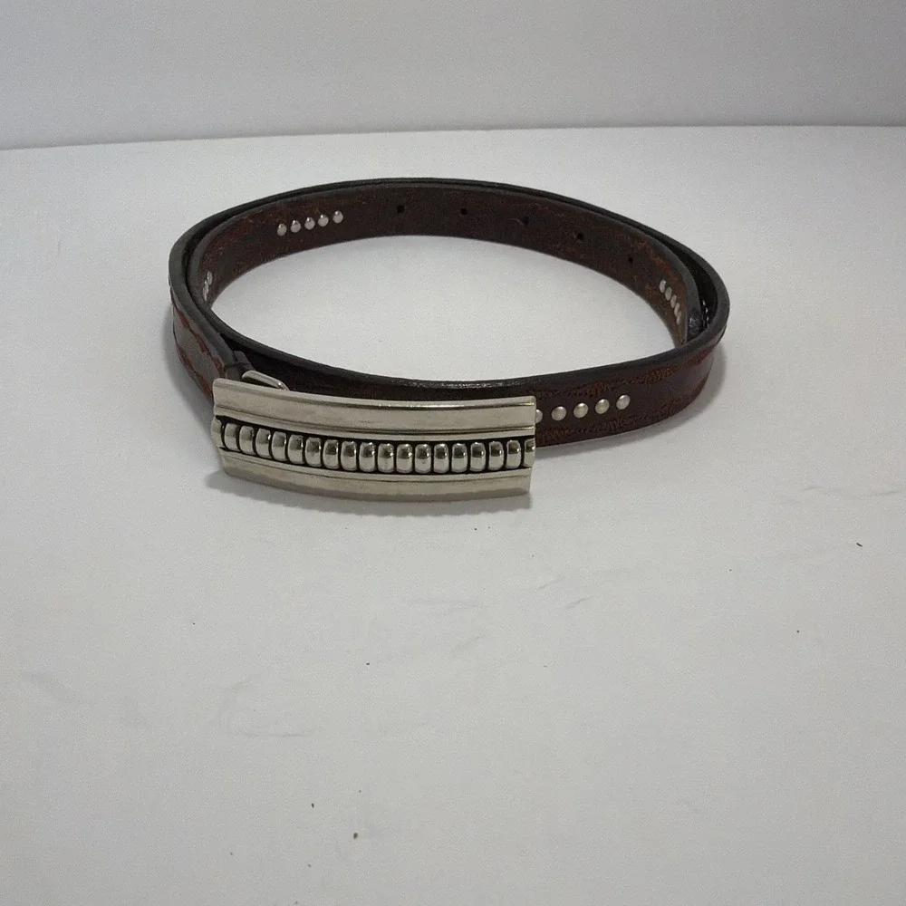 brown leather belt silver buckle Thin